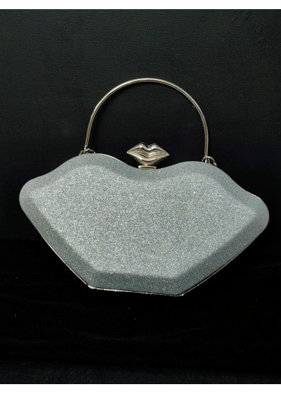 Ефектна официална чанта под формата на устни от сребърен брокат модел Silver Kiss